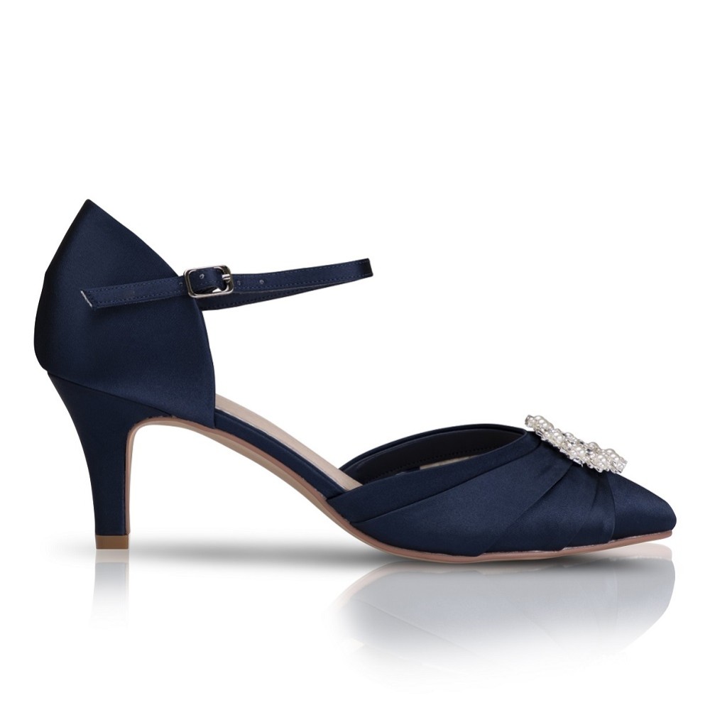 Ladies navy blue satin hot sale low heel wedding shoes