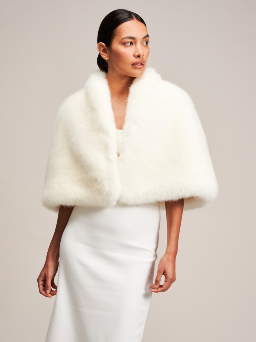 Helen Moore Ivory Faux Fur Short Bridal Cape | Lace & Favour