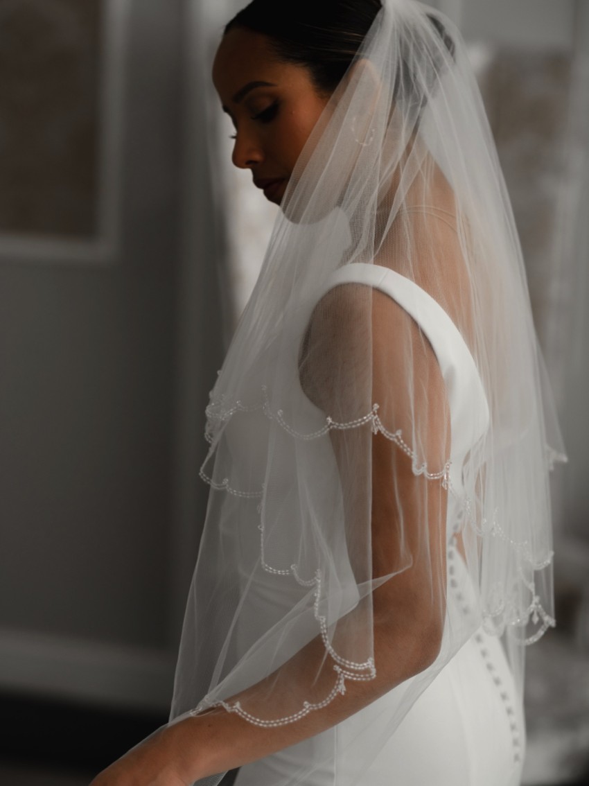 2-Tier Wedding Veil with Scalloped Beaded Edge, Ivory